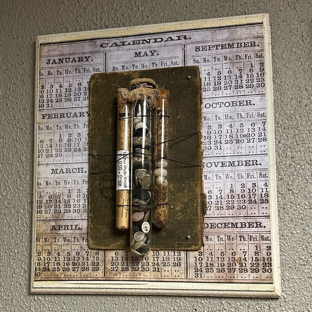 Hand Crafted New Etsy Vintage Calendar Art with Button Wall Art 13.5 long X 11.5
